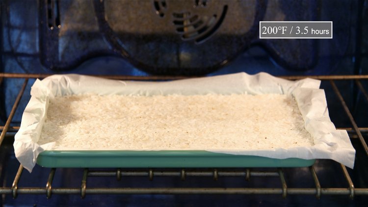 Image of Stick the rice tray into the oven. Set the temperature...