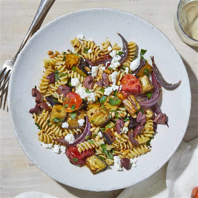 Image of eggplant and feta pasta