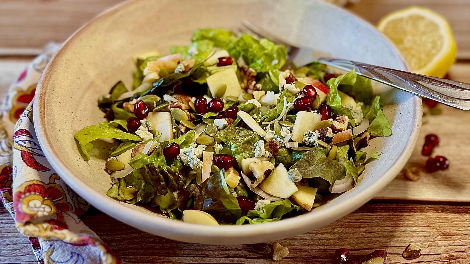 Image of APPLE POMEGRANATE SALAD W/ BLUE CHEESE AND SHALLOTS