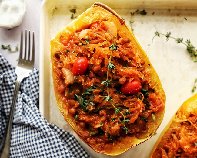 Image of Baked Lentil Red Sauce Spaghetti Squash Boats