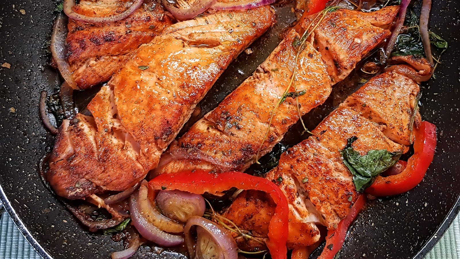 Image of Baharat Spice Seared Salmon With Greek Style Green Beans and Red Peppers