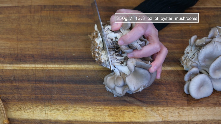 Image of Discard the end of the oyster mushroom where they contact the substrates. Brush the visible dirt using a silicone brush. 