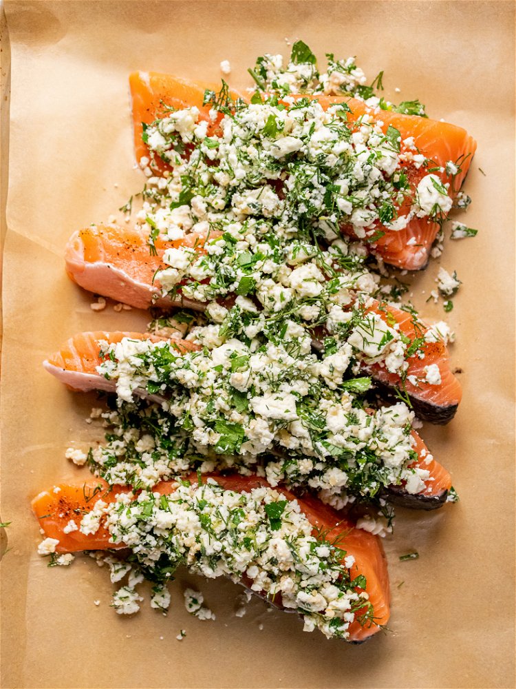 Image of Spread feta mixture over salmon. Bake for 13-15 minutes, until...