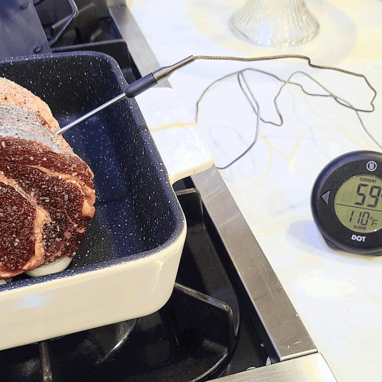 Image of Insert the probe thermometer into the thickest part of the meat. Set the thermometer to 110F.