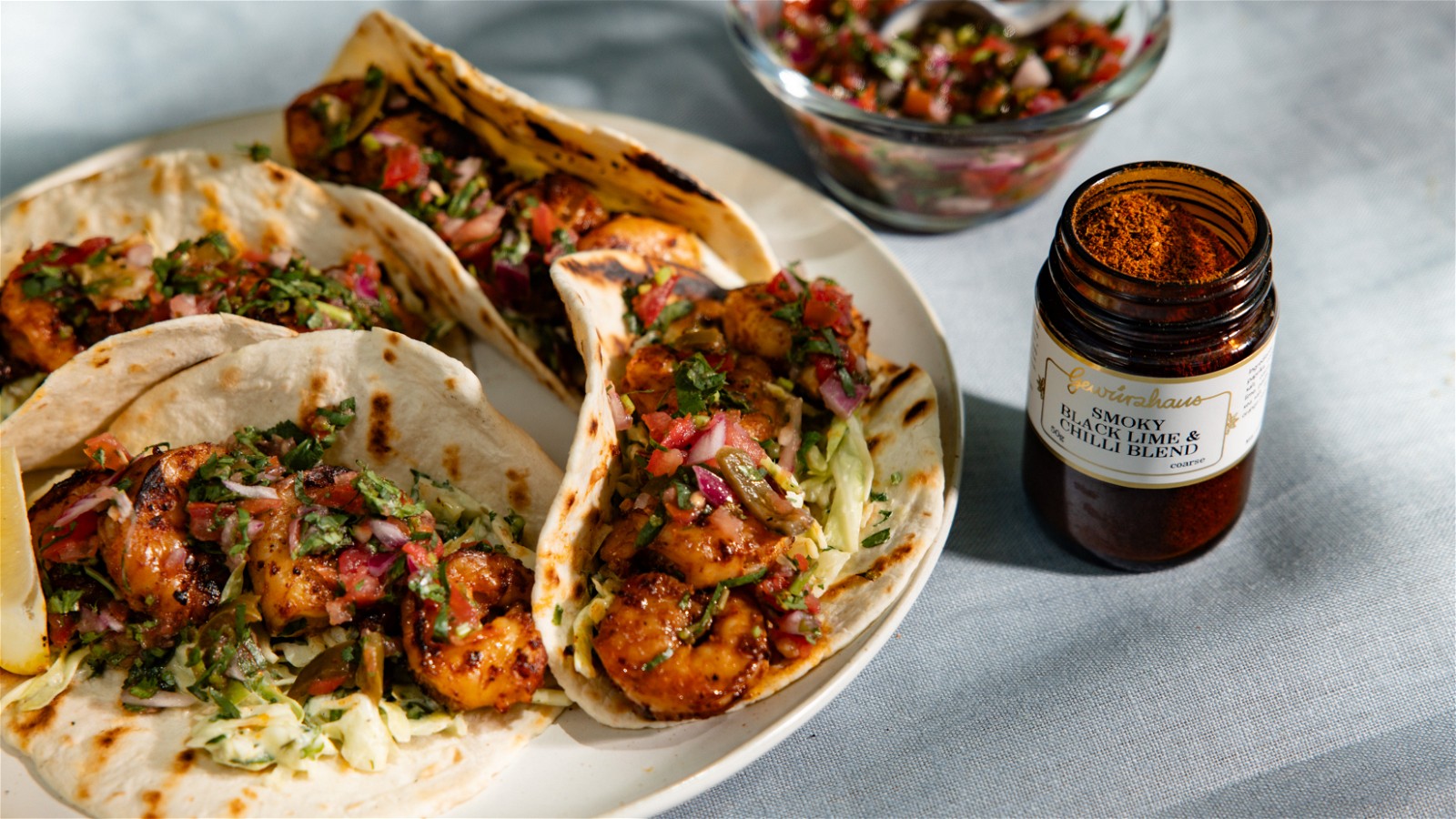 Image of Grilled Prawn Tacos with Creamy Slaw and Pico de Gallo