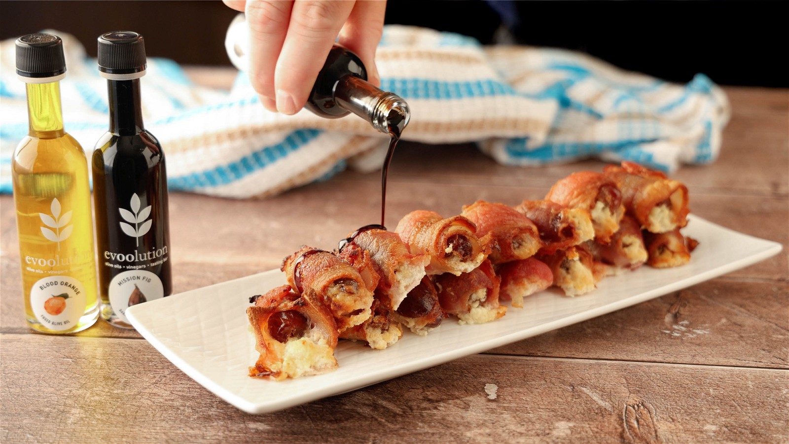 Image of Bacon Wrapped Dates with Blood Orange Whipped Goat Cheese and Fig Balsamic Drizzle