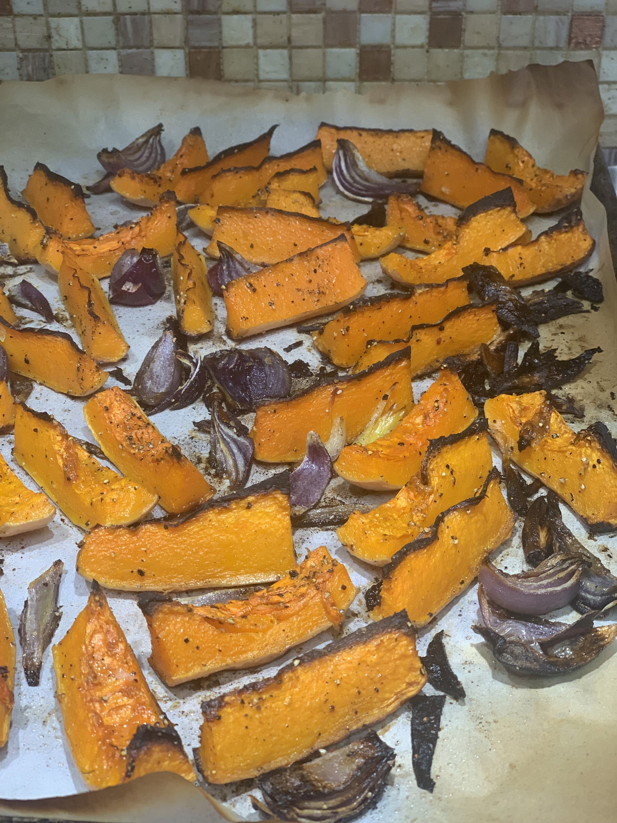Roast butternut squash and red onion with tahini and Za'atar