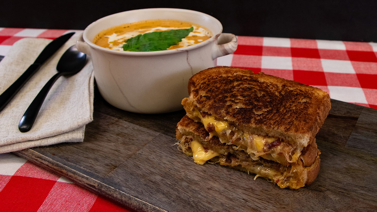 Bacon jam Grilled Cheese and Tomato basil Soup!