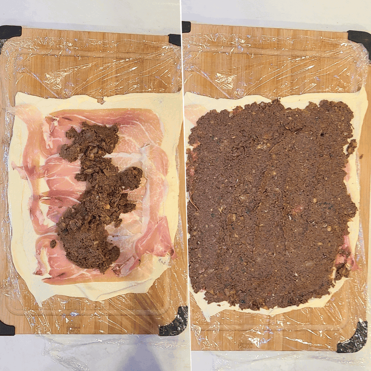 Image of Spread the duxelles evenly and thinly over the prosciutto.