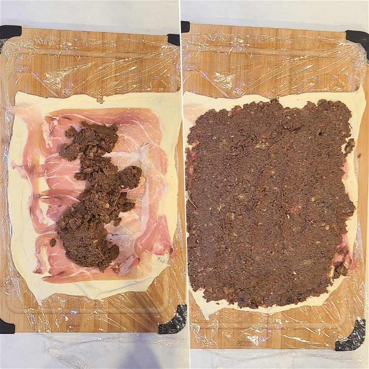 Image of Spread the duxelles evenly and thinly over the prosciutto.