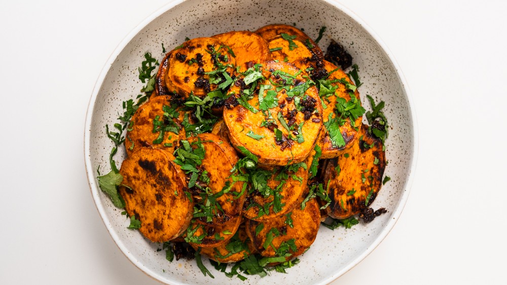 Image of Grilled sweet potato with chilli crisps