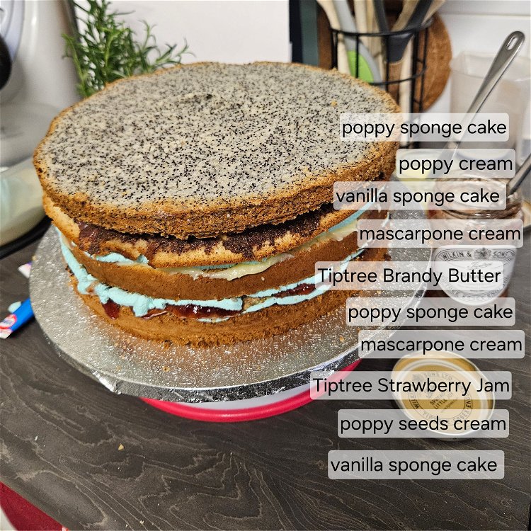 Image of Place alternating layers of sponge cake, cream, jam and brandy...