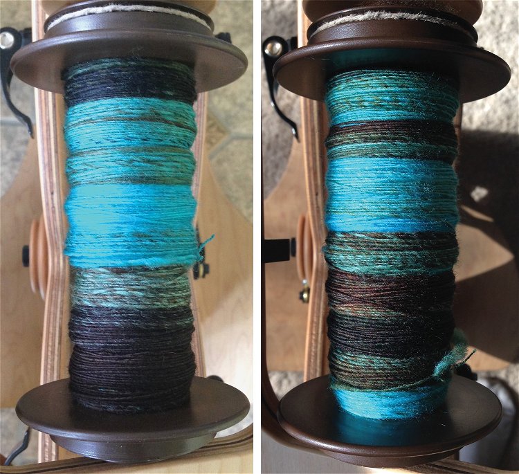 Image of The bobbin on the left is spun from the first...