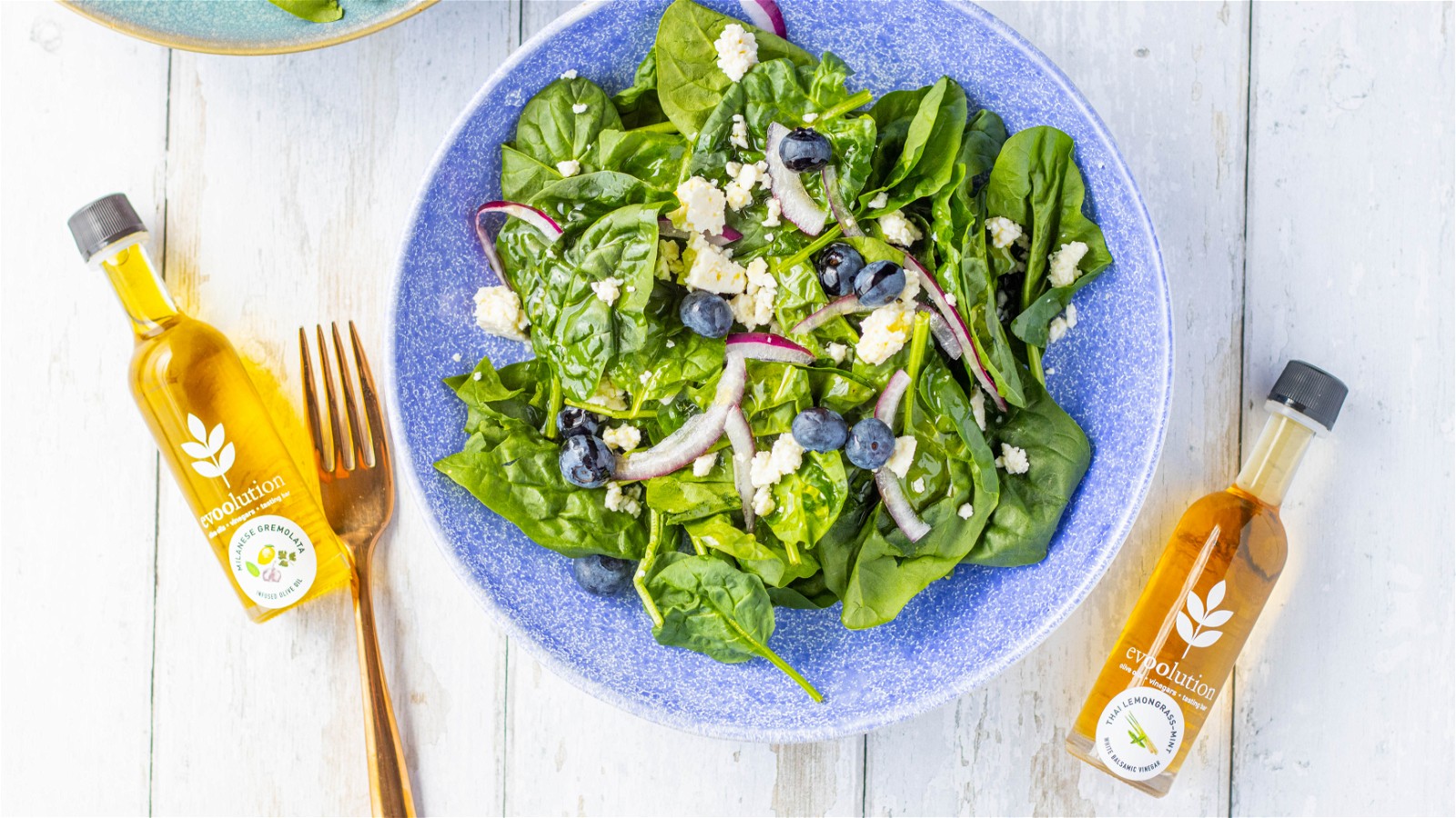 Image of Blueberry Spinach Salad with Milanese Gremolata Olive Oil and Thai Lemongrass Mint Balsamic