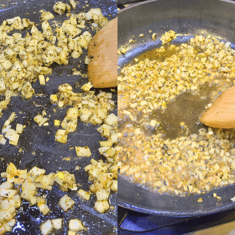 Image of Add the onions to the same skillet and saute for approx. 5 min until it is starting to soften. Add the garlic and Italian seasoning and cook for another minute until fragrant. Deglaze the pan by adding a splash (¼...