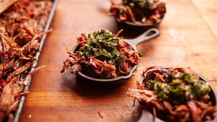 Image of Serve the pulled smoked lamb shoulder topped with the mint...