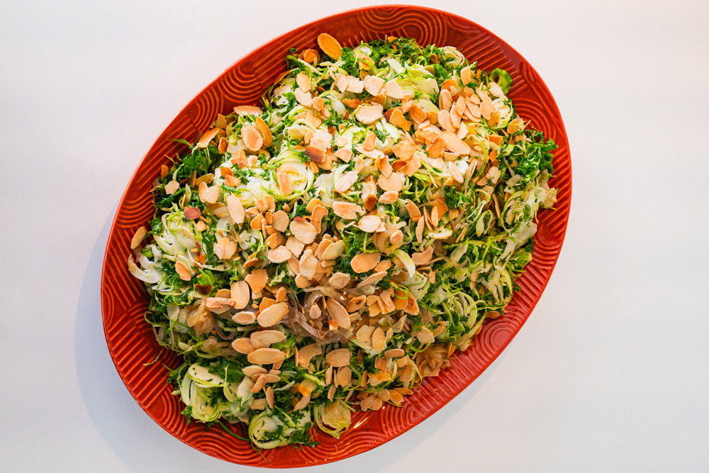 Brussels sprouts, shredded kale and almond salad 