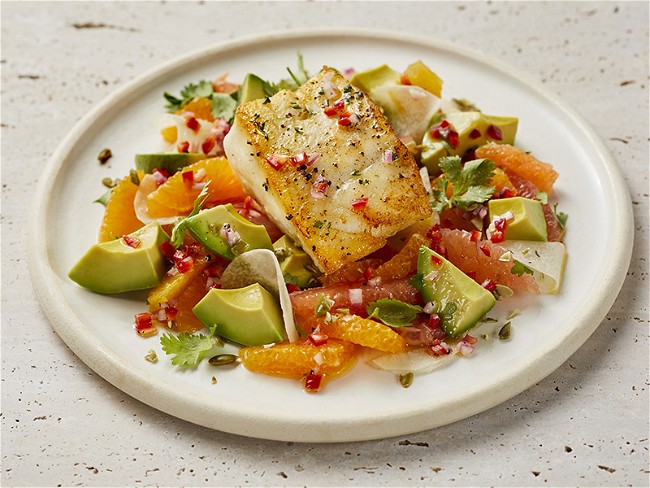 Image of Alaska Cod with Citrus, Avocado, Jicama & Fresno Chile Vinaigrette Recipe