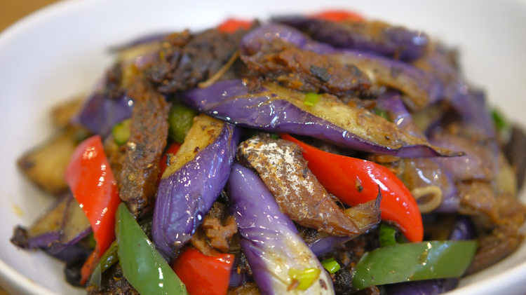 Image of The first recipe is Stir Fry Eggplant with Fried Dace, which is my favorite because eggplant is absorbing. Once it soaks up the goodness from the fish, it tastes better than meat. 