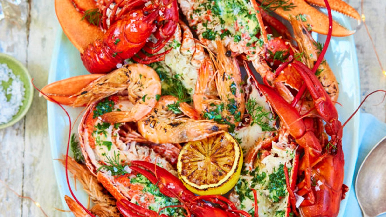 Image of BBQ PRAWNS, LOBSTER AND CRAYFISH WITH HERB BUTTER & SIRACHA MAYONNAISE