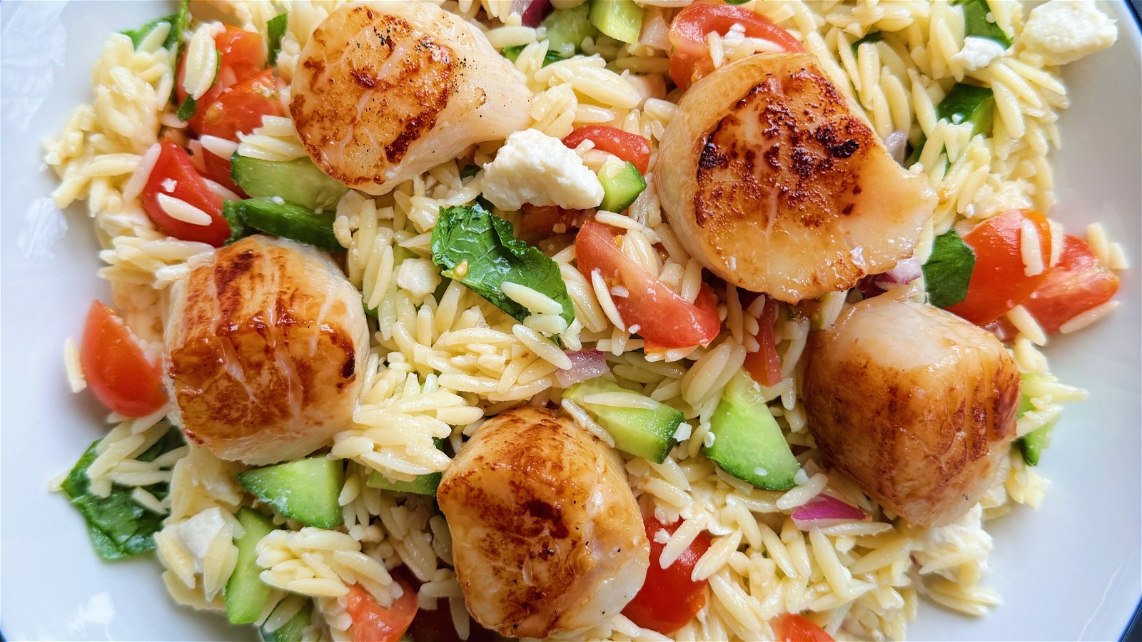 Image of Mediterranean Greek Orzo Salad with Seared Scallops