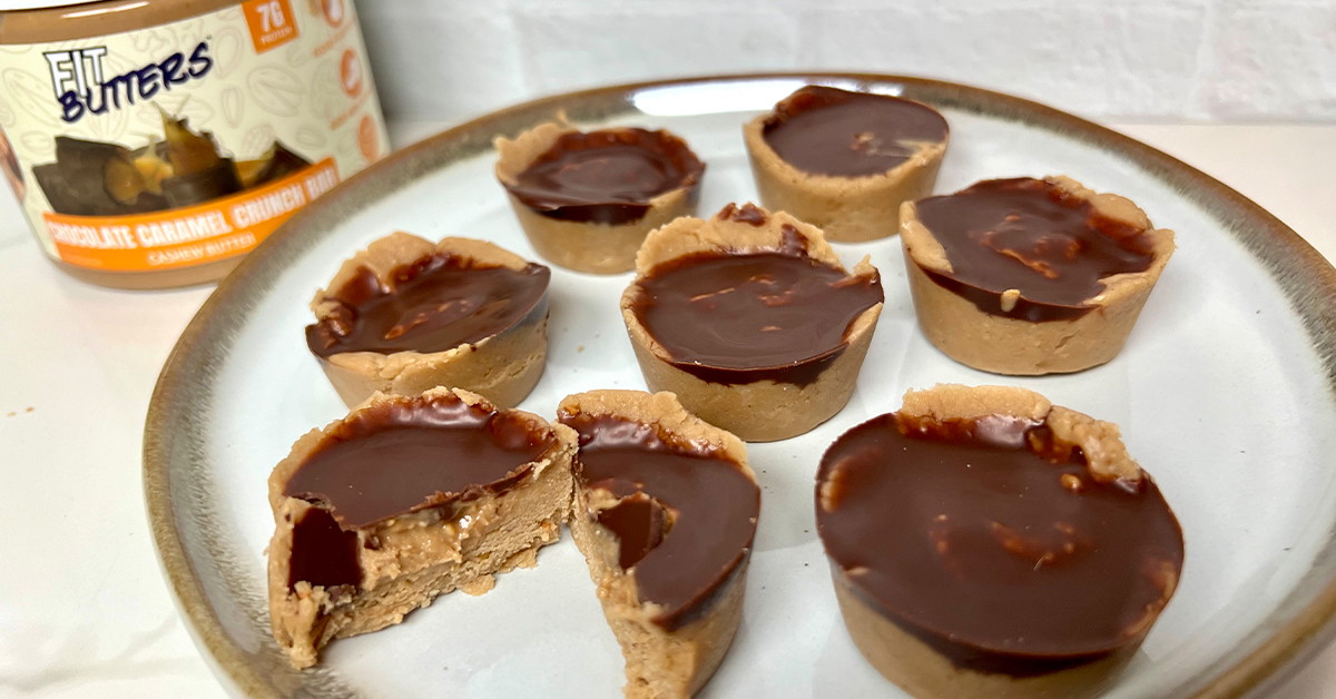 No Bake Chocolate Caramel Crunch Bar FIt Butters Cookie Dough Cups