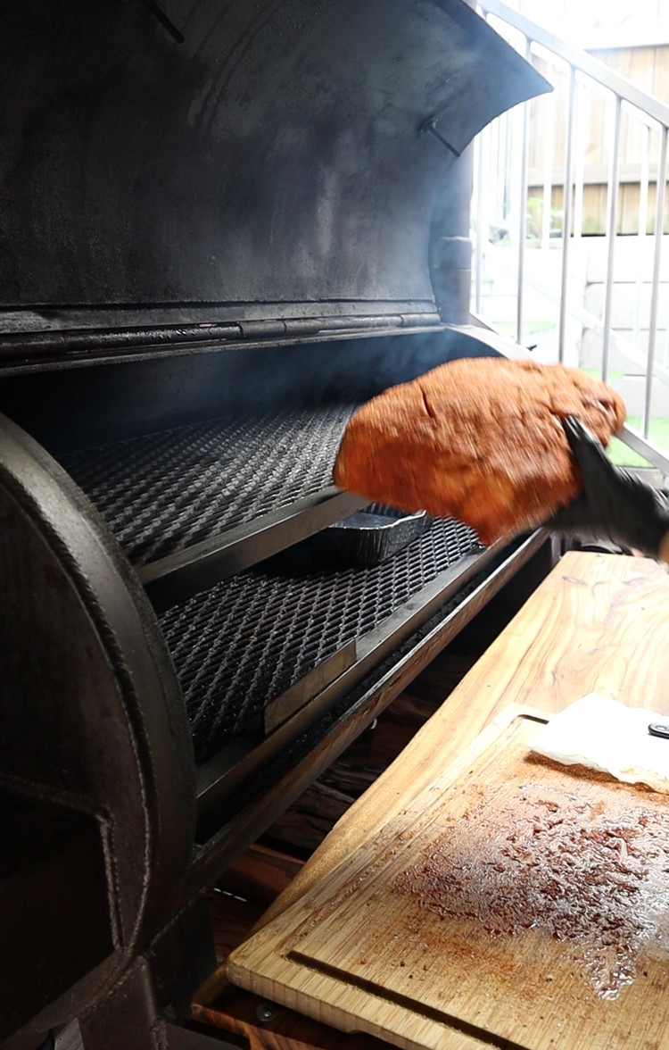 Image of fire up your smoker, slow cooker or oven and get to approx 120-130C. Place pork in once preheated 