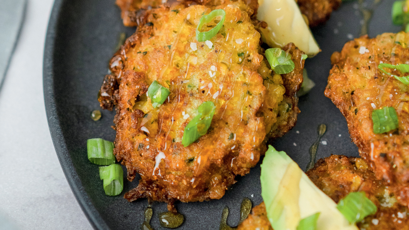 Image of Corn Fritters with Avocado and Hot Honey