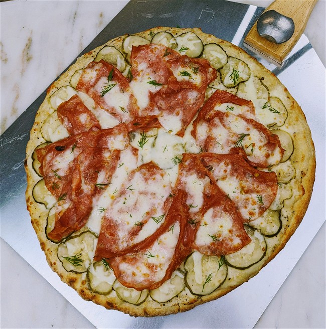 Image of Cheesy Gooey Pickle Mortadella Pizza 