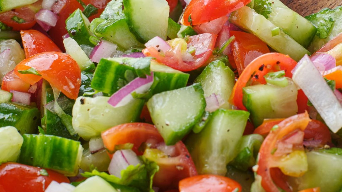 Image of Tomato Cucumber Salad with Greek Seasoning Olive Oil and Lemon Cucumber White Balsamic Vinegar