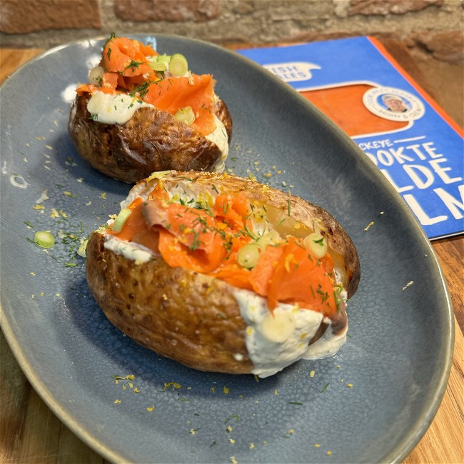 Image of Baked potato with cream cheese and salmon