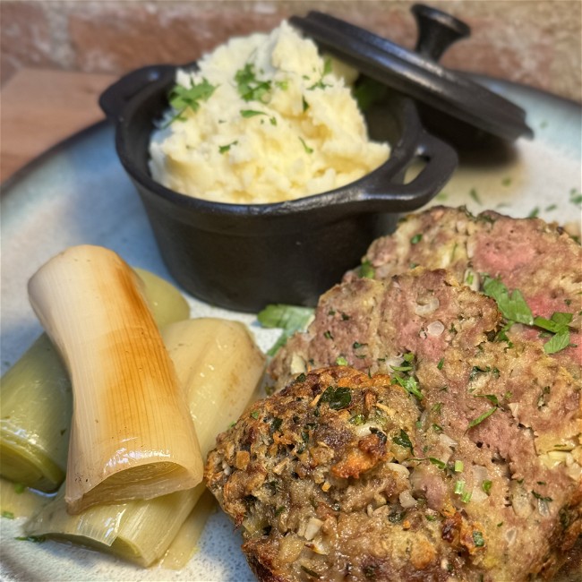 Image of Meatloaf with mash and stewed leek