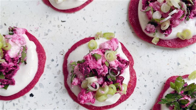 Image of Whipped 'Feta', Beetroot + Herb Pancakes