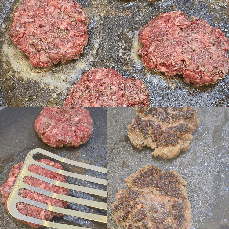 Image of Place the patties seasoned side down in the pan and using a spatula squash them a little to ensure good contact with the pan.