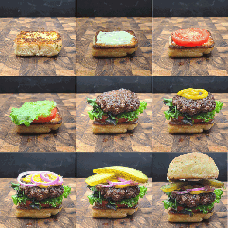 Image of Assemble your sliders. Spread both sides of the bun with mayo, top with a tomato slice, lettuce, the slider patty, mustard, onions, pickles and then the top bun.