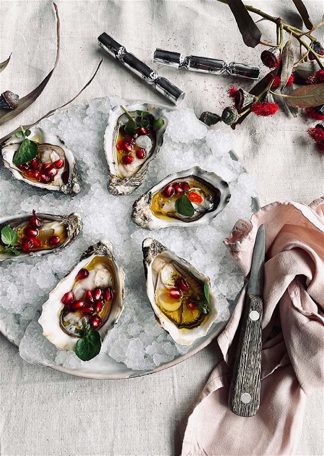 Image of Oysters with Rosé Balsamic & Pomegranate