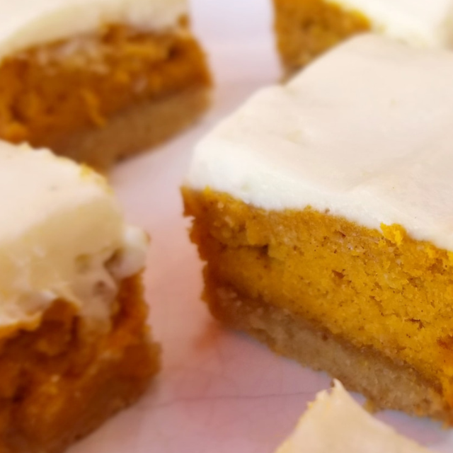 Image of Keto Pumpkin Bars with Cream Cheese Frosting and a Buttery Walnut Crust