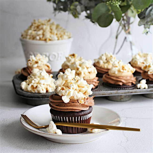 Image of Popcorn Topped Chocolate and Peanut Butter Cupcakes