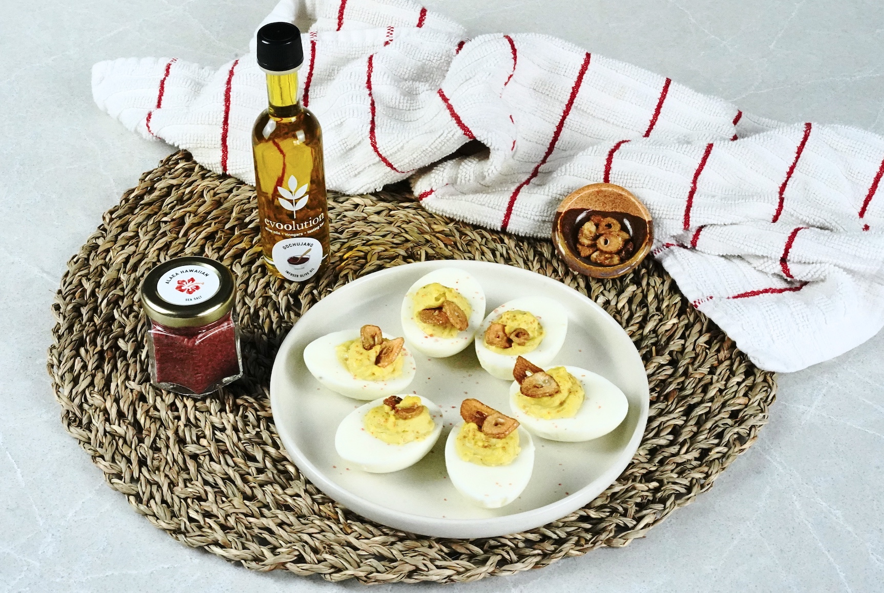 Image of Gochujang Olive Oil Deviled Eggs with Crispy Garlic
