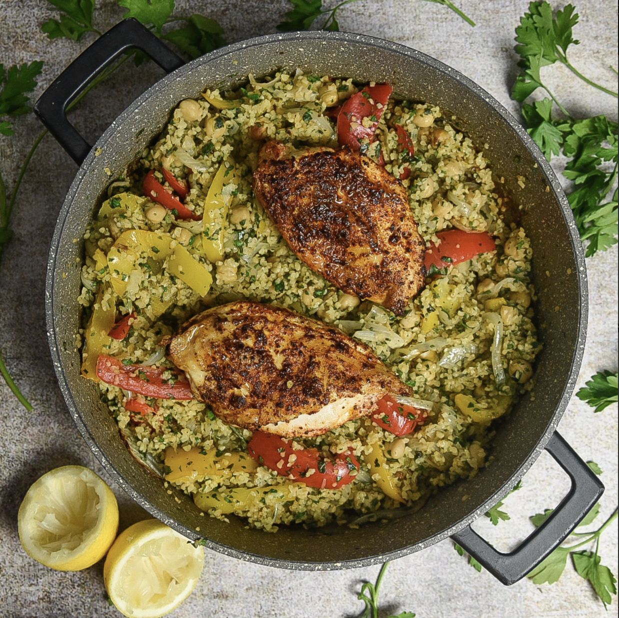 Image of One pot chicken and bulgar wheat in bone broth