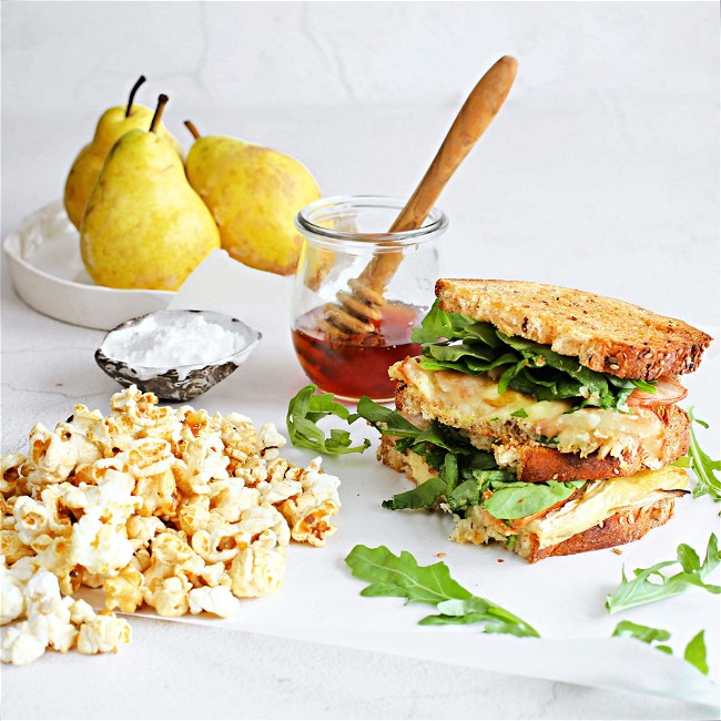 Image of Pear and Brie Sandwich with Popcorn