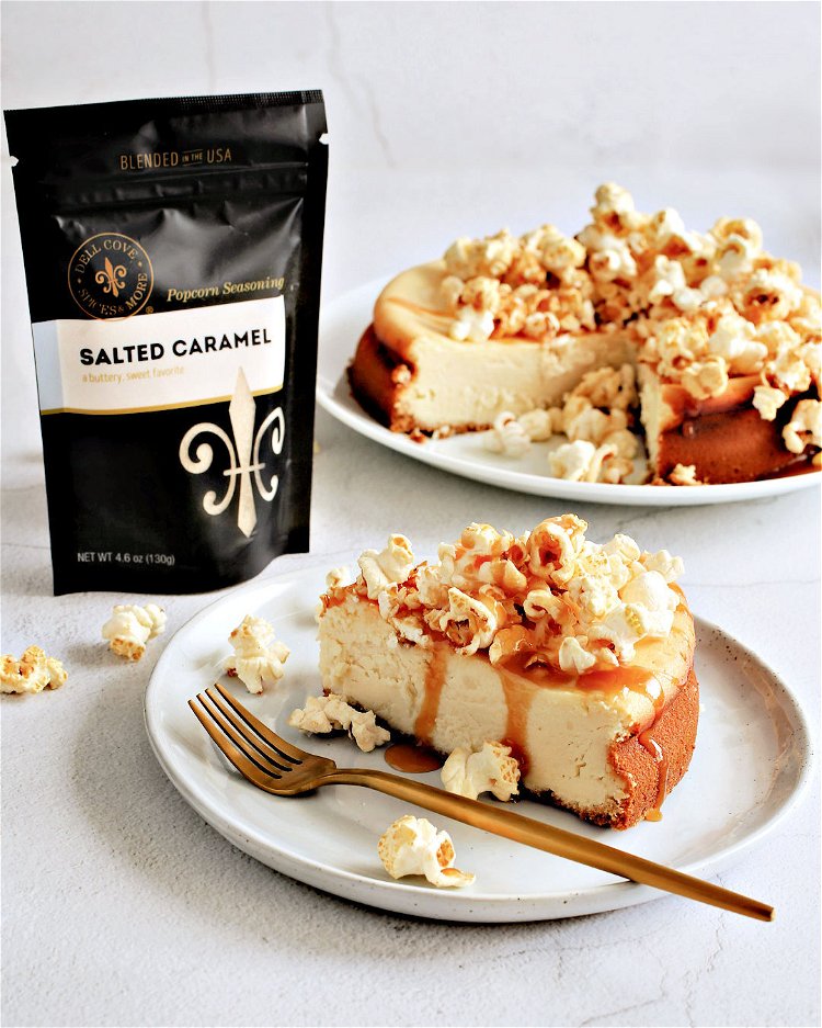 Image of Top the cheesecake with a mound of popcorn and drizzle...
