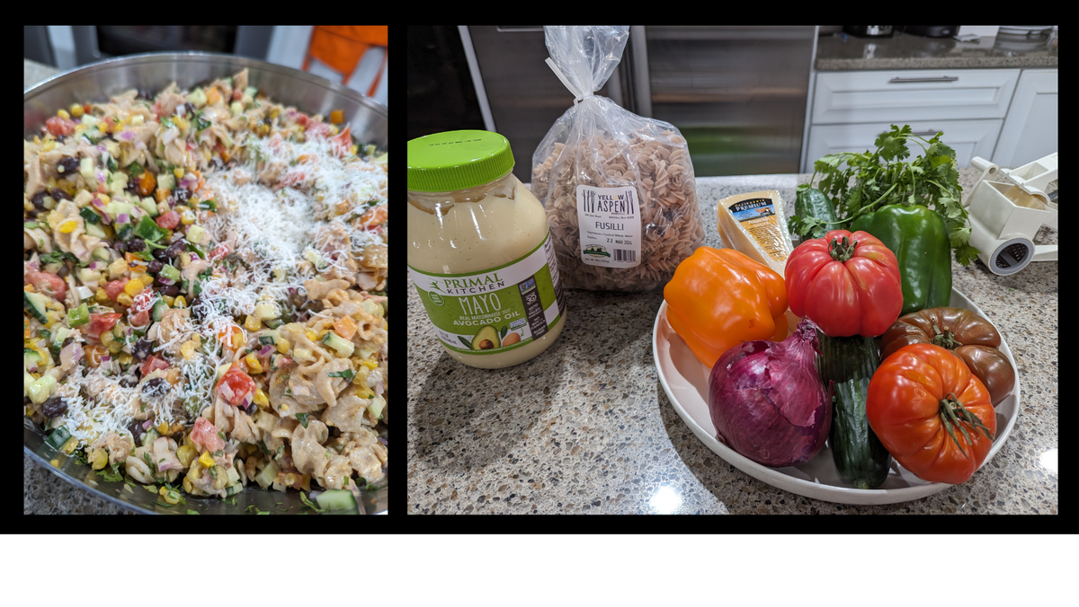 Mexican Street Corn Pasta Salad featuring Rosebud's Chili Lime Smoked Salt