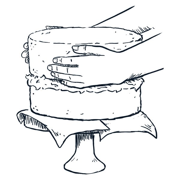 Image of Place the second cake on top of the first cake, with the bottom facing up. This ensures a flat (rather than mounded) top to your cake.