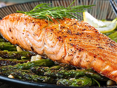 Image of Broiled Salmon Steaks with Mustard Sauce and Asparagus