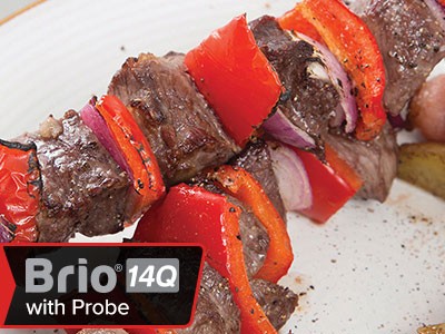 Image of Peppered Sirloin Brochette with Peppers and Onions