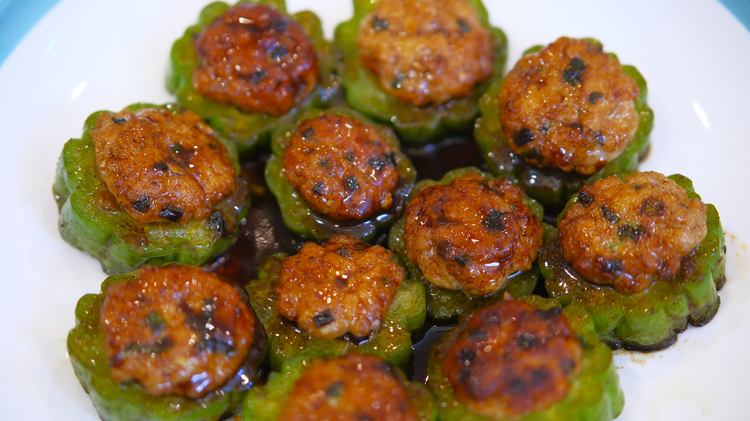 Image of The third recipe, Stuffed Bitter Melon with Ground Pork is a classic Hakka dish. I am just giving you the most basic version, which is pork and scallion flavor, but honestly, you can stuff any dumpling filling.