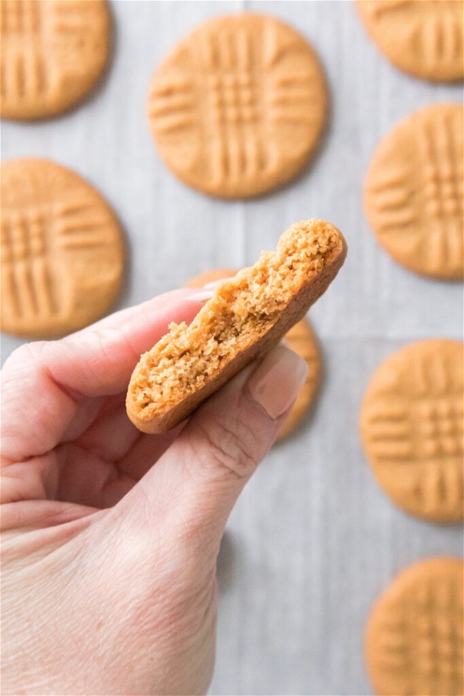 hand holding peanut butter cookie with bite taken out