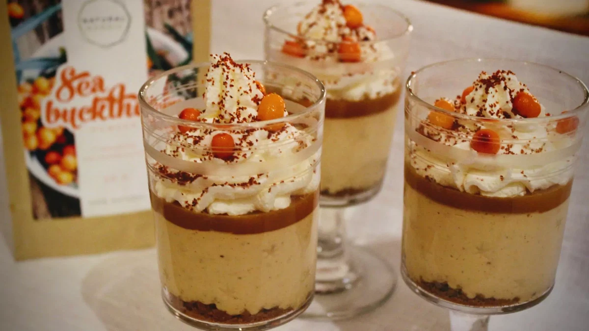Sea buckthorn cheesecake in a glass