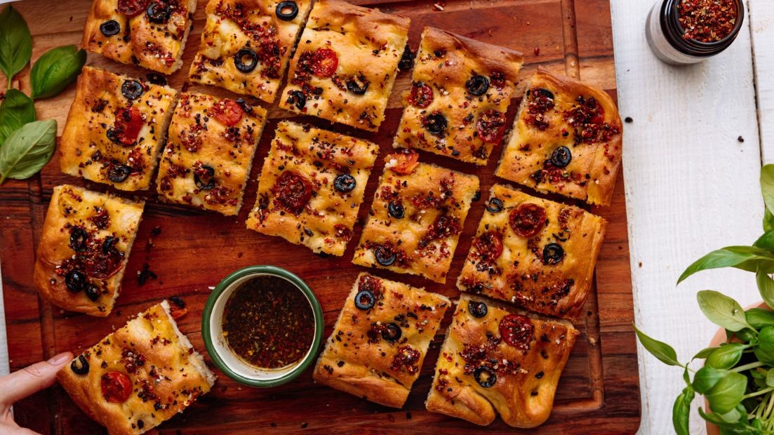 Image of Focaccia with Olives and Cherry Tomatoes